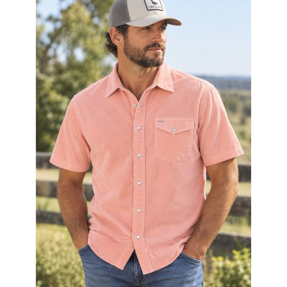 CRIQUET Men's Corduroy Short Sleeve Shirt Pearl Snaps Peach Size XL